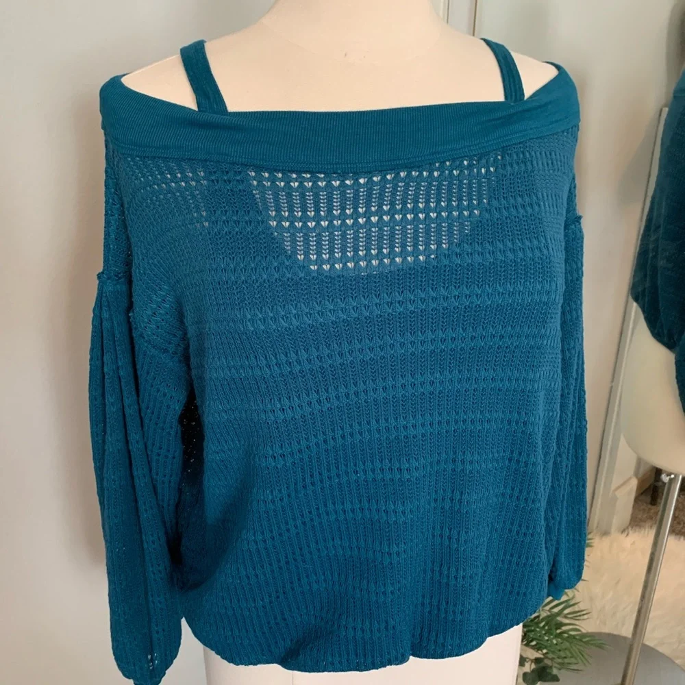 Free People Off shoulder blouse Top Blue XS Teal Treasure NWT long sleeve top
